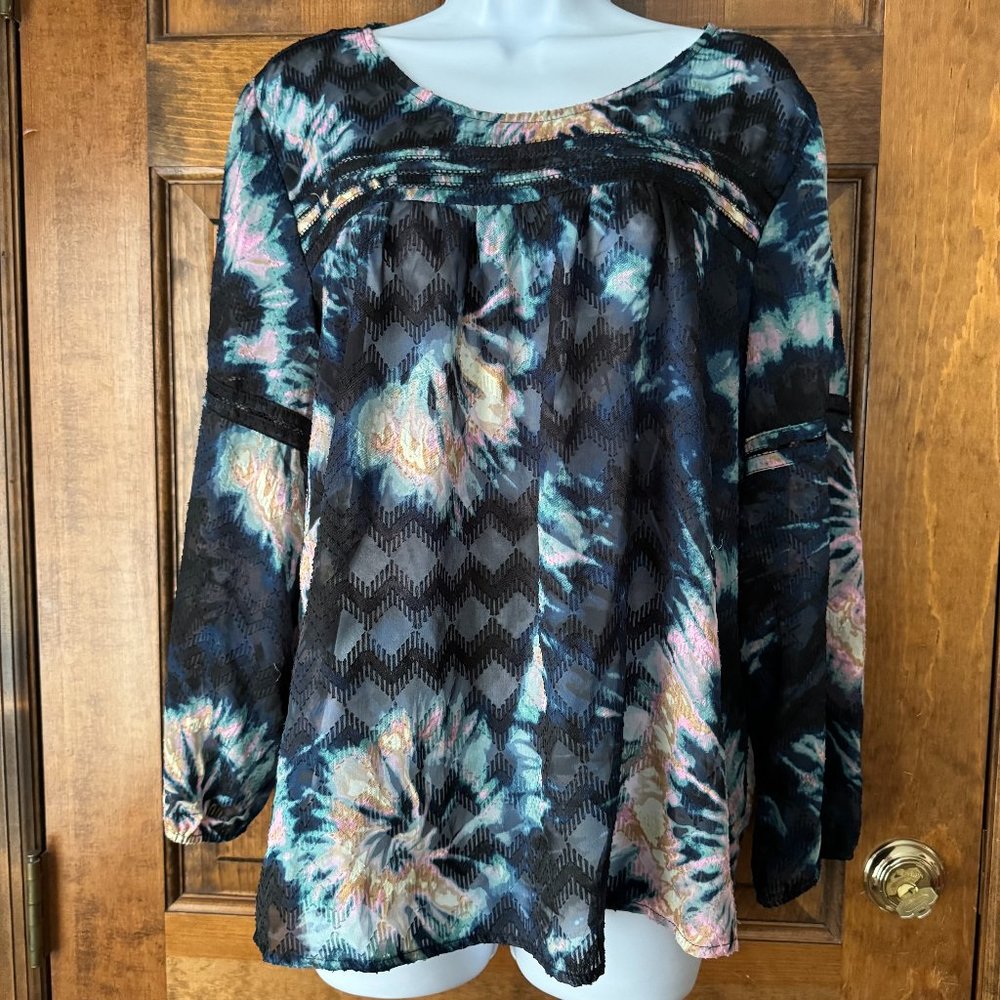 Zac & Rachel Black w/Navy, Green, Pink & Golden Yellow Abstract Pullover Blouse